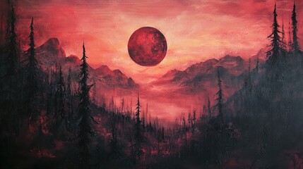 Dramatic Moon over a Dark Mountain Forest: A Haunting Red Sky Landscape Painting