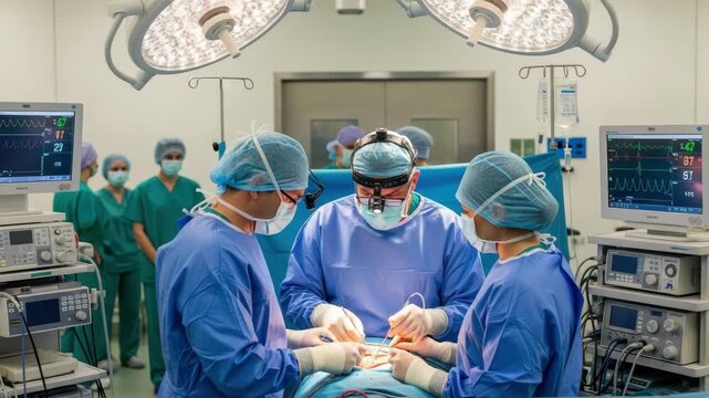 Three surgeons in blue scrubs caps masks and gloves perform procedure under bright lights A lead surgeon with headlamp works carefully with two assistants Monitors display vital signs; other staff obs