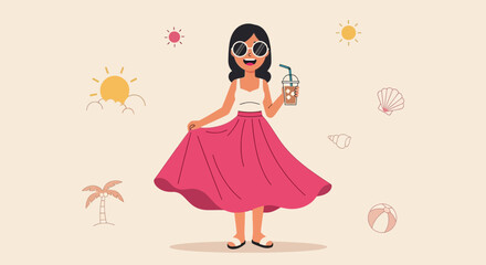 Fototapeta premium Happy Woman Enjoying Iced Coffee And Joyful Moments On A Sunny Beach Day