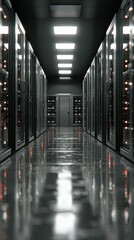 Server rack corridor, dark, reflective
