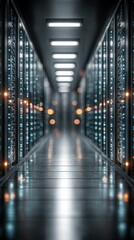 Dark server room, rows of metal cabinets, lights