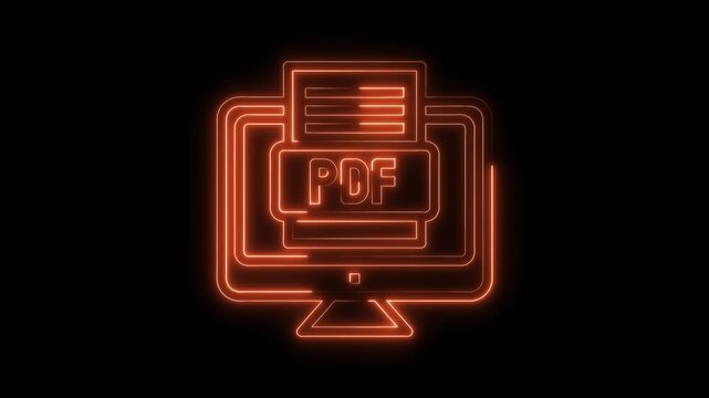 Glowing neon pdf file on computer screen animation on black background