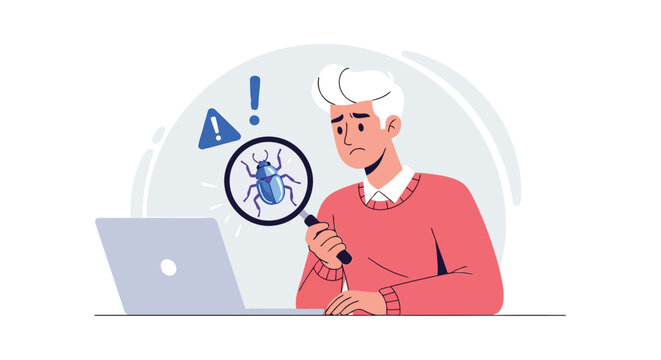Vector illustration of a worried programmer looking at a bug on his laptop screen through a magnifying glass concept of software testing and debugging