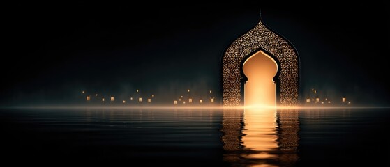 Ornate golden archway, reflecting on water, lit by warm light