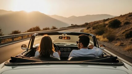 couple enjoys scenic drive in convertible on winding road during golden hour The woman drives the man rides along with majestic mountains and beautiful sunset serene backdrop