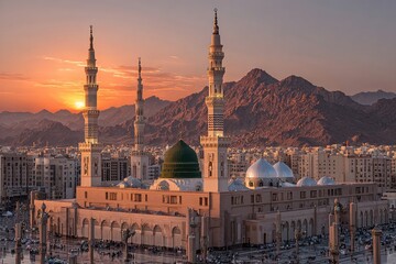 Majestic mosque at sunset, mountains in background (1)