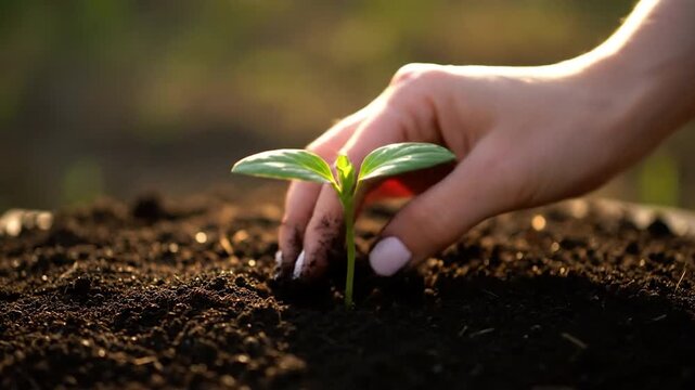 A close-up view of hands placing a small green sprout into freshly turned soil beneath warm sunlight. This symbolic image embodies themes of sustainability, growth, agriculture, ecology, and new begin
