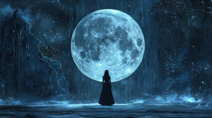 Mysterious Woman Silhouette Gazing at a Luminous Blue Full Moon in an Ethereal, Icy Fantasy Landscape at Night
