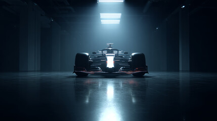 High-tech racing car illuminated in a modern indoor space