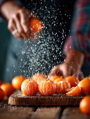 Hands squeezing oranges, water spray, fresh fruit