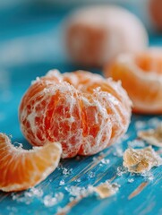 Close-up of peeled tangerine segments on a blue surface