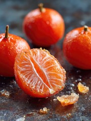 Fresh mandarin oranges, some halved, on a dark surface