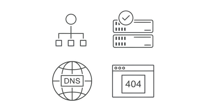 Vector illustration of set of vector icons representing various network and server states, including network topology, server status, dns configuration, and error 404
