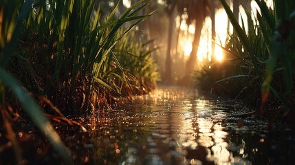 Sunlit jungle stream. Lush greenery surrounds a shallow, flowing stream, bathed in golden sunlight filtering through the trees