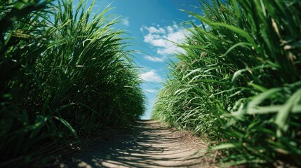 Lush green rice paddy path