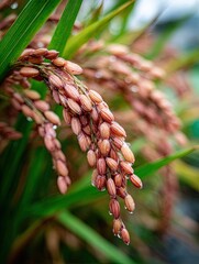 Close-up of ripe rice stalks with dew