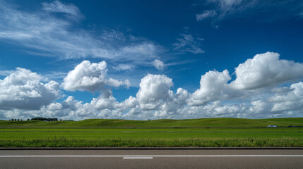 Vast green field under a blue sky with fluffy white clouds