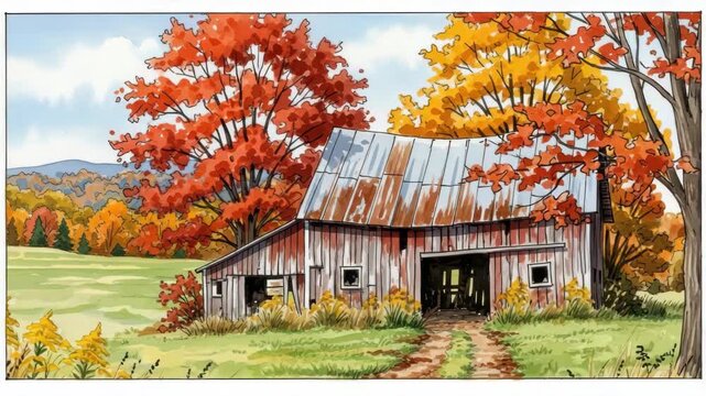 rustic barn with rusty roof is surrounded by vibrant red orange and yellow autumn trees A dirt path leads to the barn set in green fields with distant hills and foreground yellow flowers