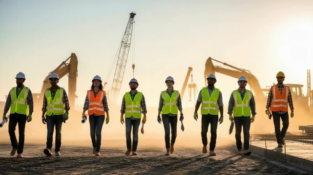 Eight construction workers diverse in gender walk confidently across dusty site at sunset/sunrise They wear hard hats safety vests holding blueprints/tools with heavy machinery silhouetted behind
