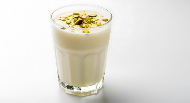 A refreshing glass of traditional Indian sweet lassi, a creamy yogurt smoothie whisked to perfection and garnished with chopped pistachios on a white background