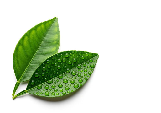 Green leaves with dew drops on white background, fresh botanical detail for eco packaging, herbal product visuals, wellness campaigns and natural brand design
