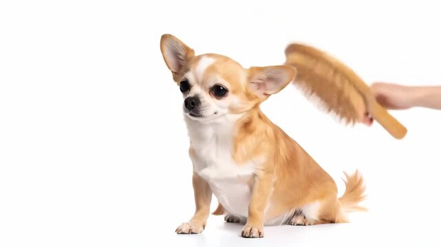 A Chihuahua dog getting groomed with a brush, isolated on a white background, creating a playful angel wing effect