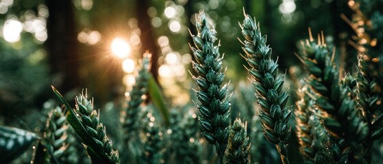 Close-up of green wheat ears in sunlight