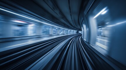 Obraz premium Abstract light trails and blurred motion in a subway tunnel with illuminated blue lights, capturing speed, technology, transportation, modern city, energy, efficiency, and futuristic travel concepts