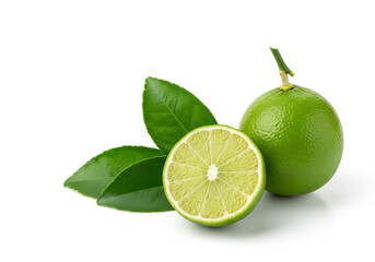 Whole lime with leaves and a cut half on white background, crisp citrus cutout for healthy recipes, drink menus, smoothie ideas and refreshing culinary marketing