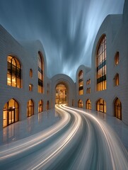 Modern architectural complex at twilight, swirling motion