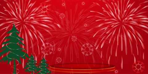 Christmas background. Red background design for product display. Tilted base on podium decoration with Light decorative, Christmas balls, Tree abstract metal shape. Elegant style. Vector illustration.