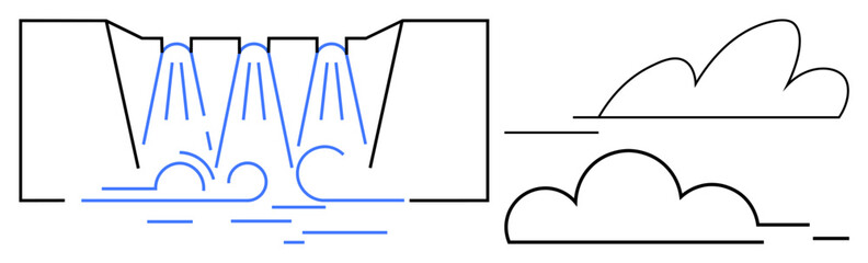 Cascading water streams forming a waterfall, flowing into a serene pool, with minimalist clouds above. Ideal for nature, environment, simplicity, relaxation, water sustainability energy. A simple