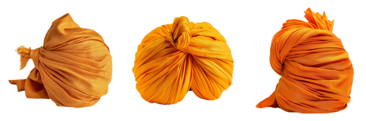Views of an orange turban, intricately folded tied with finesse