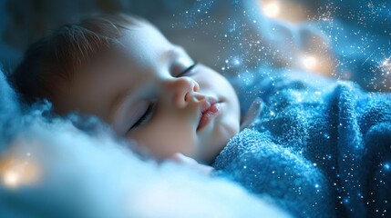 Close-up of a Sleeping Baby in a Dreamy Blue Blanket with Magical Sparkling Lights, Evoking Peaceful Serenity and Childhood Innocence