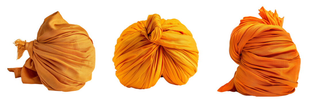 Views of an orange turban, intricately folded tied with finesse