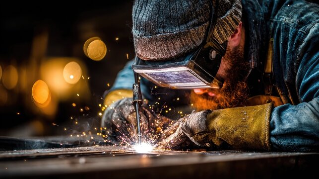 Focused welder at work, sparks flying