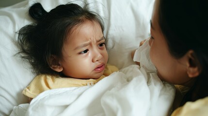 Close up of an Asian baby girl crying with visible tears while lying on a soft white bed, expressing strong emotion and seeking comfort and warmth from her mother in a tender home moment