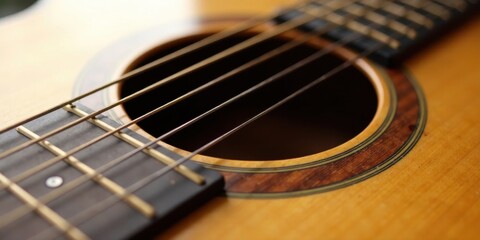 Close-up view of an acoustic guitar's soundhole and strings, showcasing the intricate detail of the instrument's craftsmanship and the warm tones of the wood