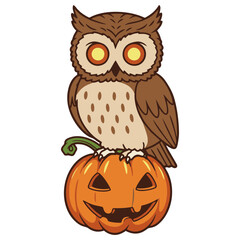 Obraz premium Spooky Owl with Glowing Eyes Perched on a Halloween Pumpkin