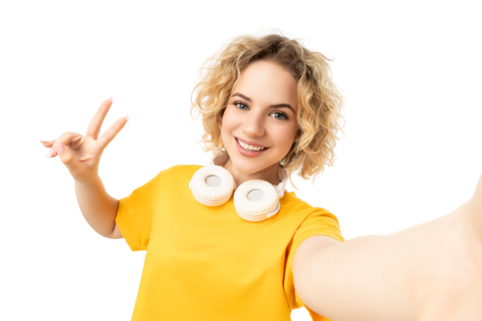 Woman in yellow shirt with headphones, isolated on white, PNG