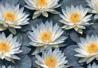 A close-up view of multiple lotus blossoms, showcasing their delicate beauty with soft, light gray-white petals and vibrant yellow centers, set against a backdrop of dark teal water lilies.