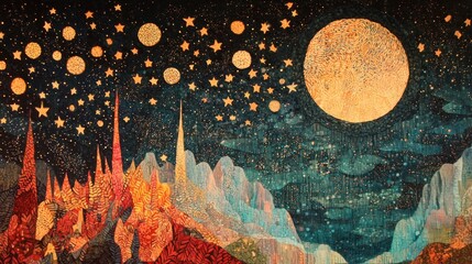 Vibrant Textured Mosaic Art of a Mystical Night Landscape with a Glowing Moon, Stars, and Fantastical Mountains