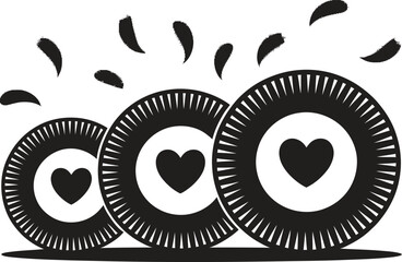 Three black and white circular shapes with hearts inside and splashes above