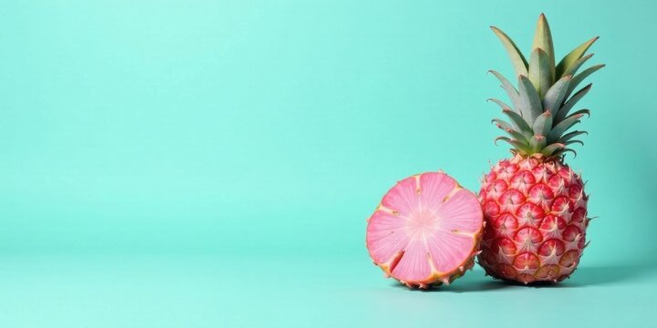 A vibrant pink pineapple and its cross-section rest against a pastel aqua background, creating a striking visual composition.