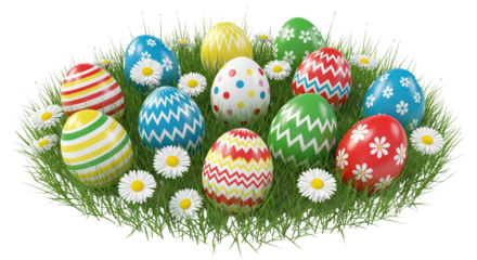 Easter eggs in grass and daisy flower isolated on white or transparent background