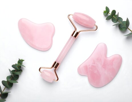 Pink quartz face rollers and stones