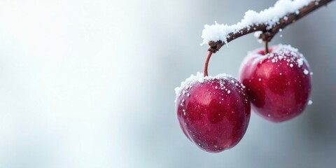 Winter's Delicate Embrace Two Crimson Fruits Adorned with a Light Frost on a Snowy Branch