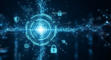 Illuminated cybersecurity shield depicting data encryption and global network protection using digital technology