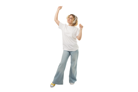 Woman enjoys dancing while wearing casual attire, isolated, PNG