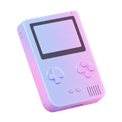 A stylized, pastel-colored handheld video game console with a blank screen and button controls, rendered in a 3D style. Isolated on a Transparent Background, PNG, Cutout